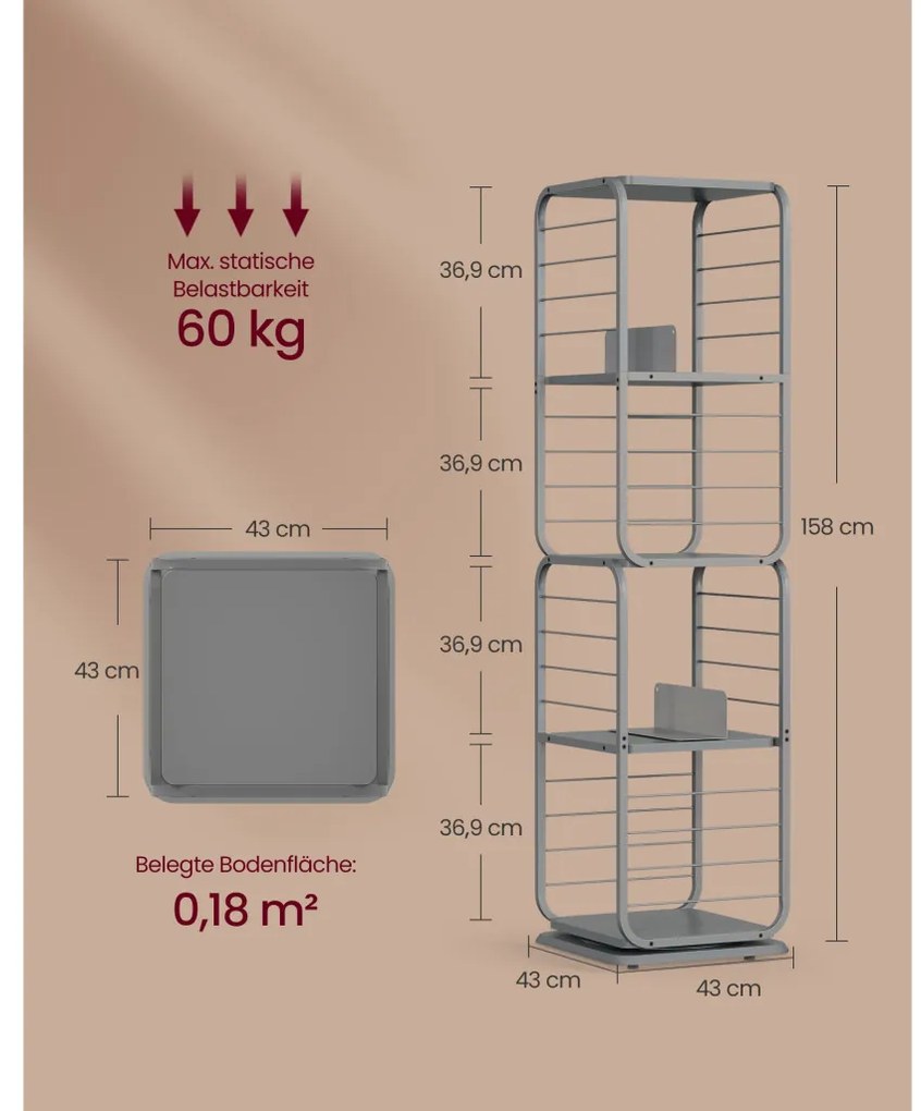 Könyvespolc, 360°-ban forgatható acél polc, 4 szintes, 43x43x158cm