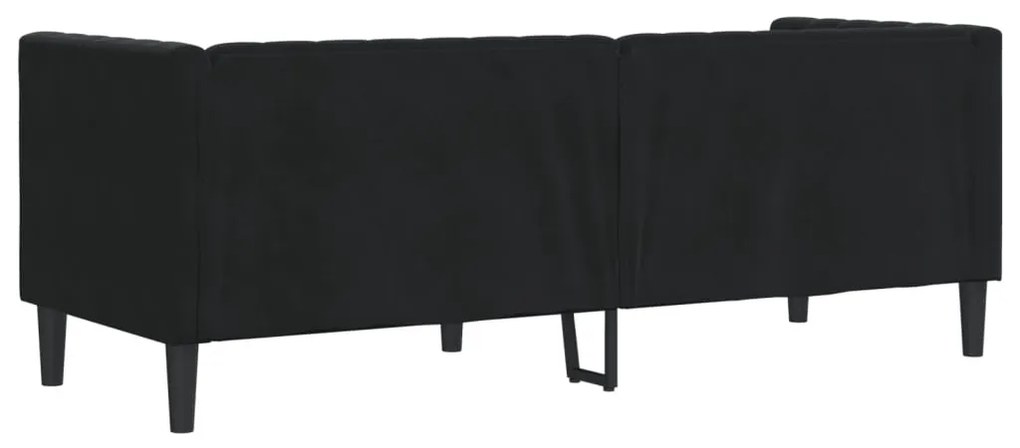 3 személyes fekete bársony Chesterfield kanapé hengerpárnákkal