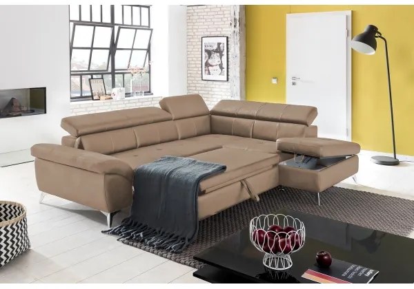 Bőrkárpitos, jobbos, barna, L-alakú, kihúzható SALERNO II sarokkanapé
