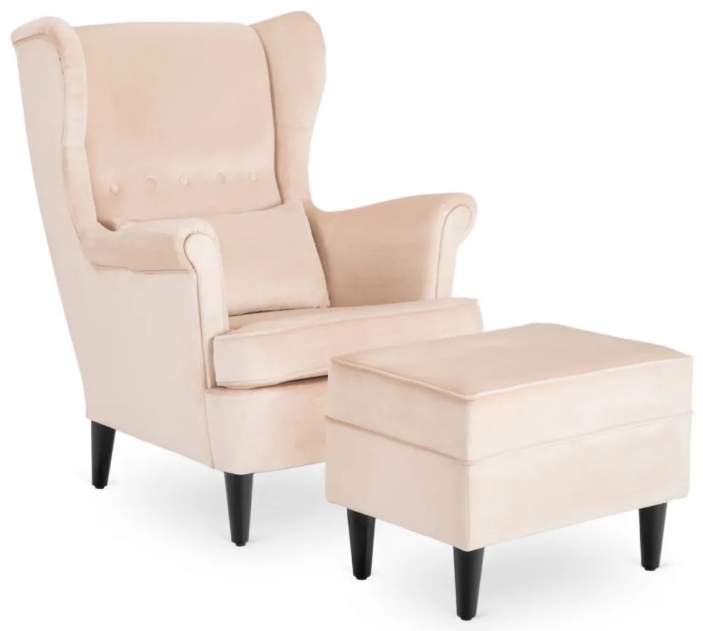 Elegáns Füles Fotel Lábtartóval, Bézs Bársony Kárpittal. EVAN 2