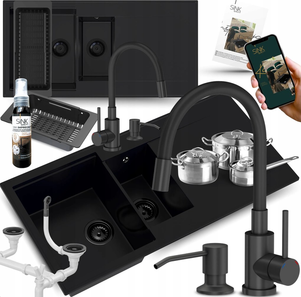 Kétrekeszes Mosogató Csepegtetővel Fekete Gránit Konyhai Csaptelep