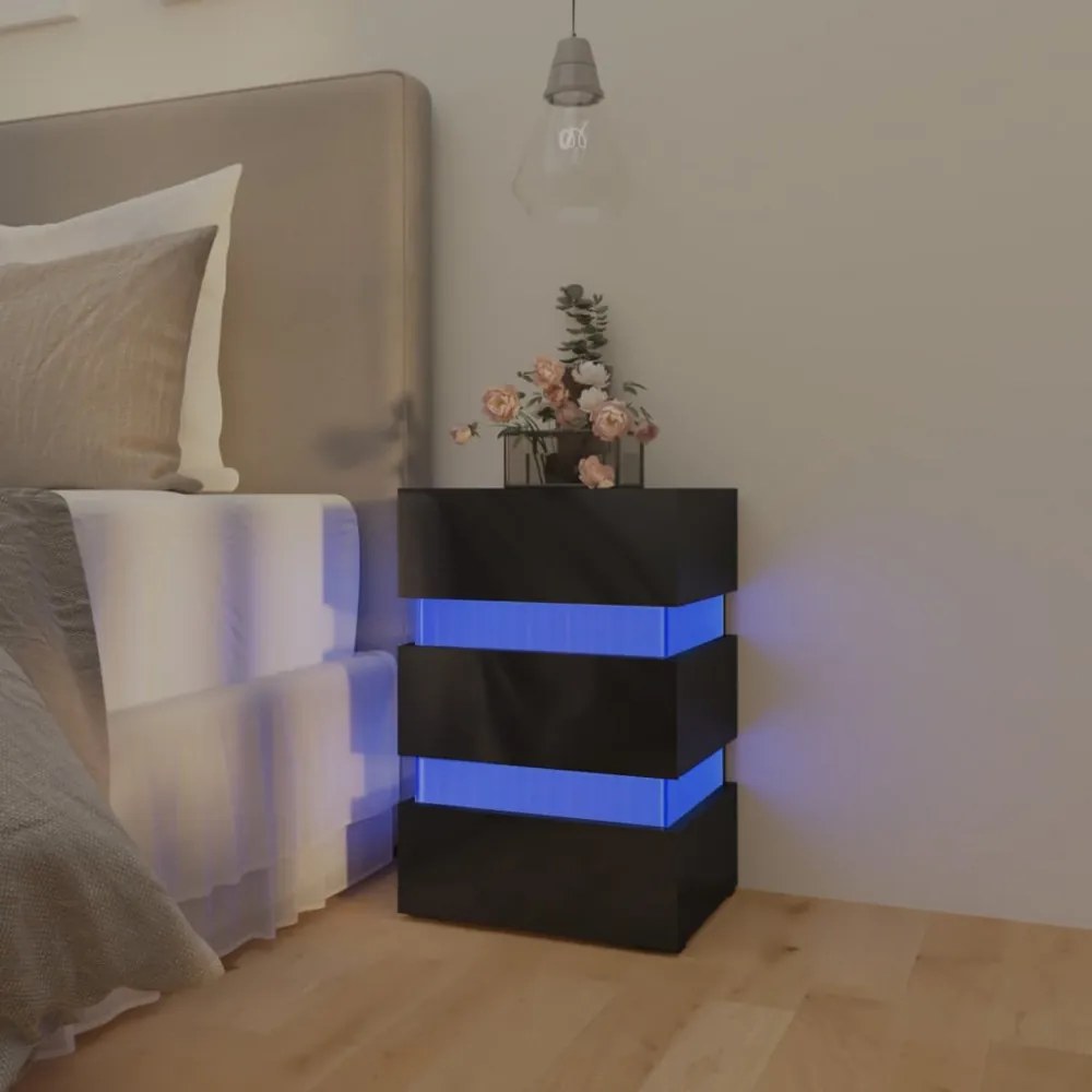 magasfényű fekete szerelt fa LED-es éjjeliszekrény 45x35x67 cm