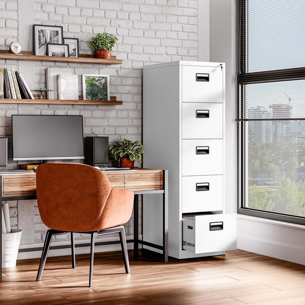 Fém irattartó szekrény, 5 fiókos SARA V5, 460 x 1625.5 x 620 mm, fehér