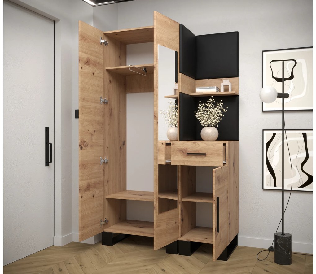 Előszobabútor Amanda 16 (artisan tölgy + fekete öko-bőr). 1086000