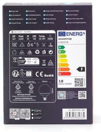 LED RGB dimmelhető izzó MESH G120 E27/18W/230V 6500K + távirányító - Aigostar