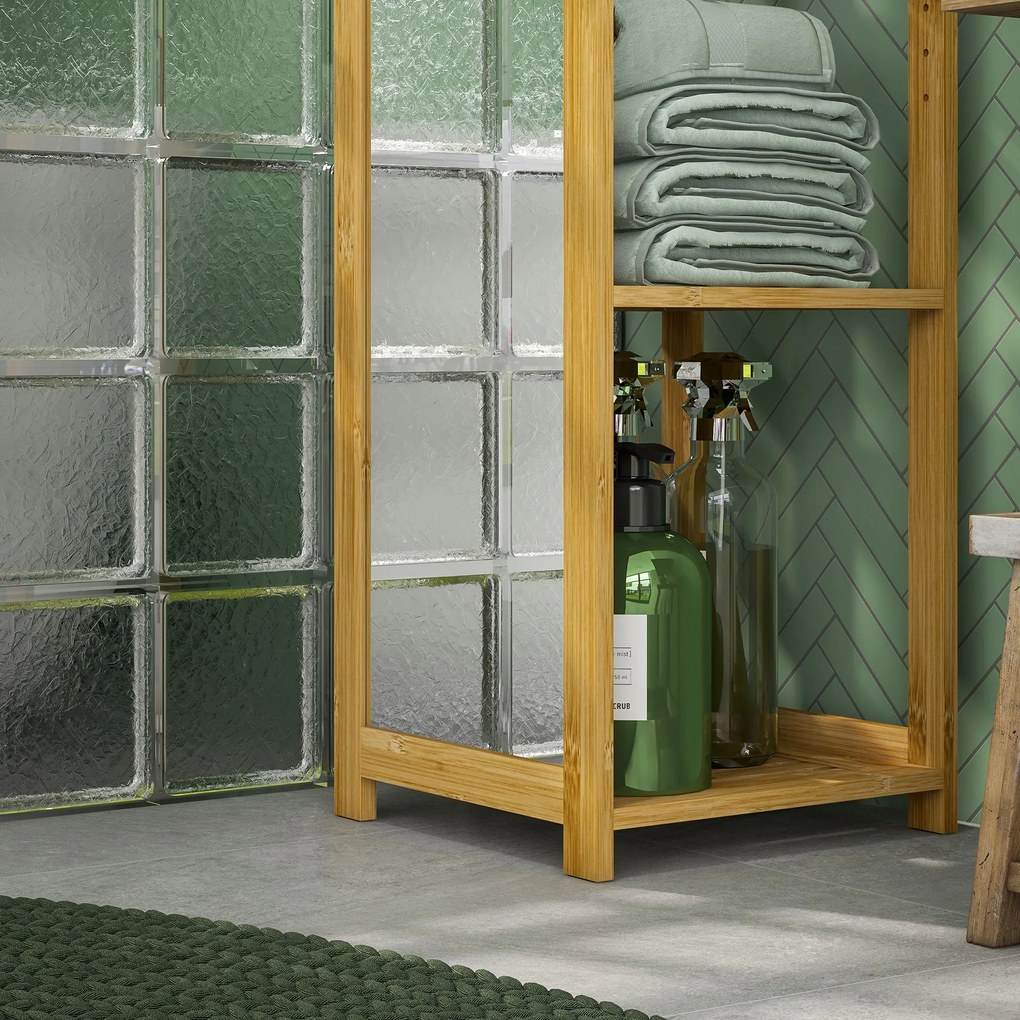 HOMCOM Fürdőszoba Szekrény Tükörrel, 6 Polcos Tárolópolc Természetes Bambuszból, 35L x 35Sz x 168M cm | Aosom