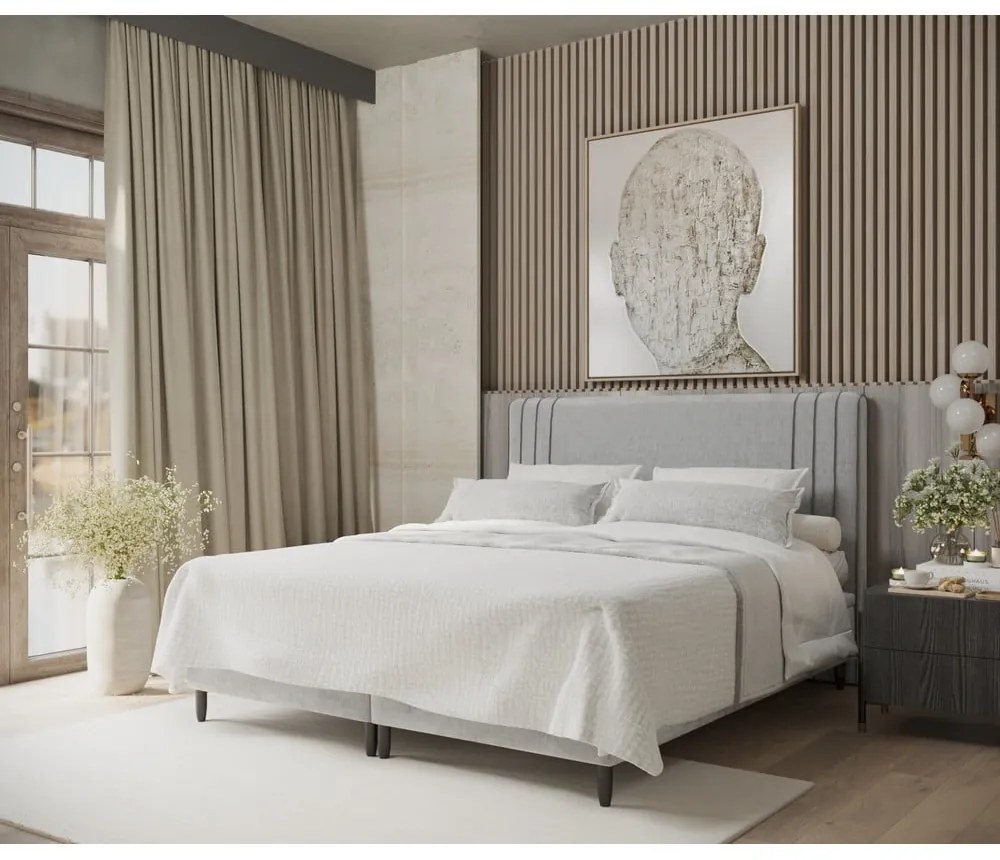 Szürke kárpitozott ágyneműtartós franciaágy 200x200 cm Musca – Maison de Rêve