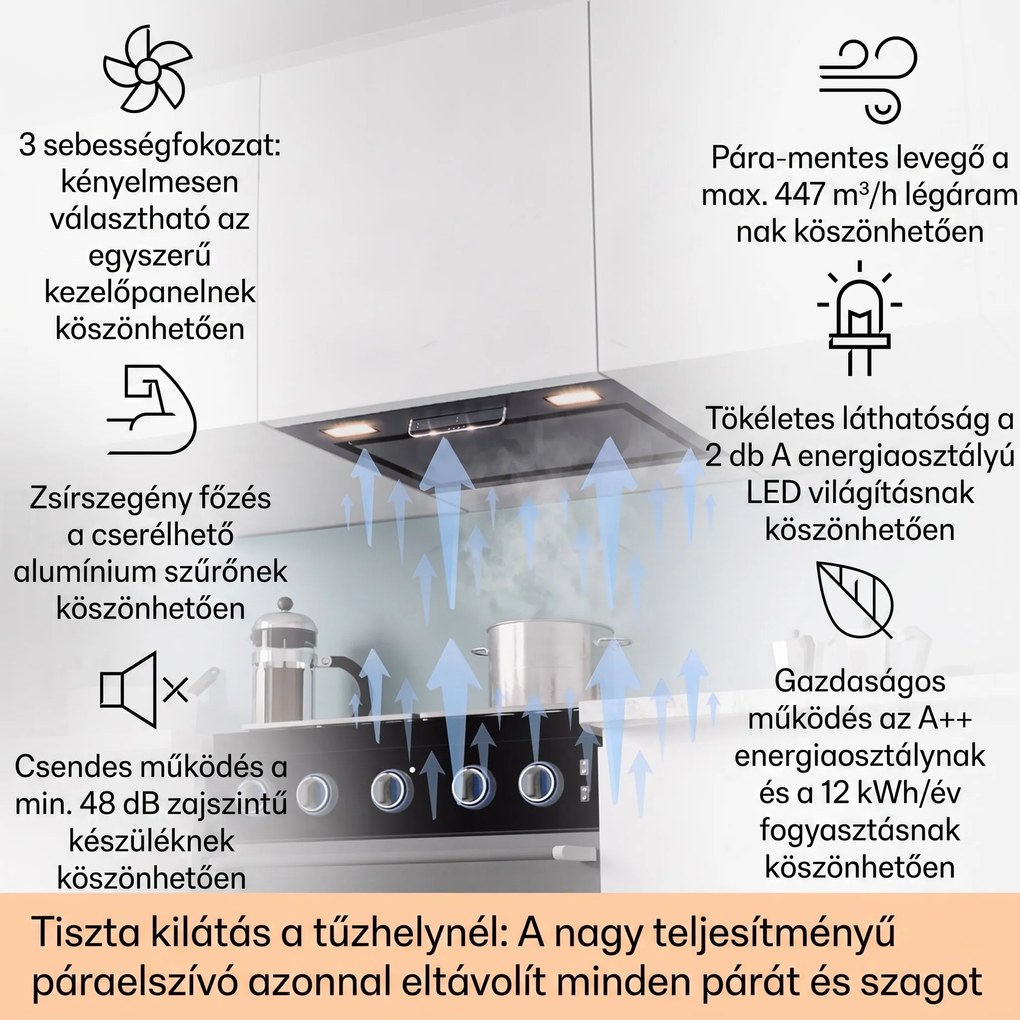 Klarstein Camila beépíthető 60 cm-es, 369 m³/ó LED Touch rozsdamentes acél páraelszívó