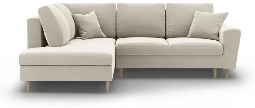 Bézs bársony kinyitható tárolóhelyes sarokkanapé (bal oldali-L alakú) Kyoto – Cosmopolitan Design