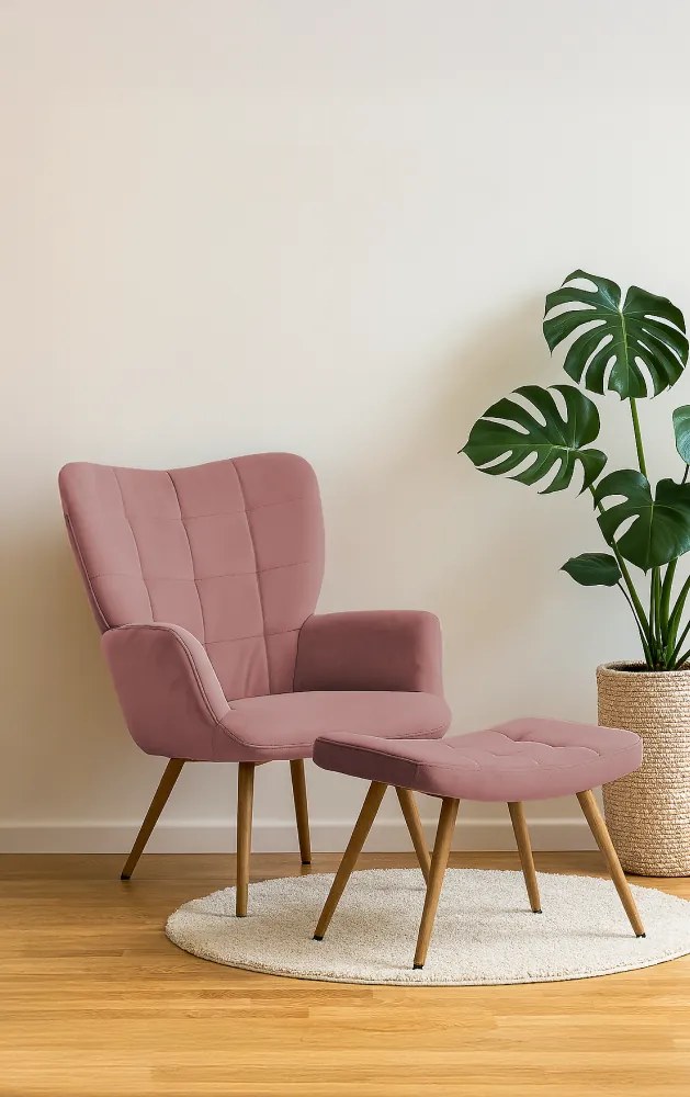 Fotel lábtartóval, rózsaszín Velvet szövet/tölgy, HABEN