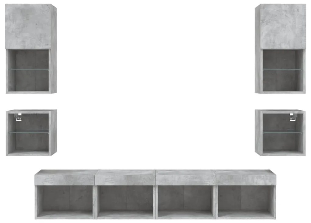 8 darab betonszürke szerelt fa fali TV-bútor LED-del