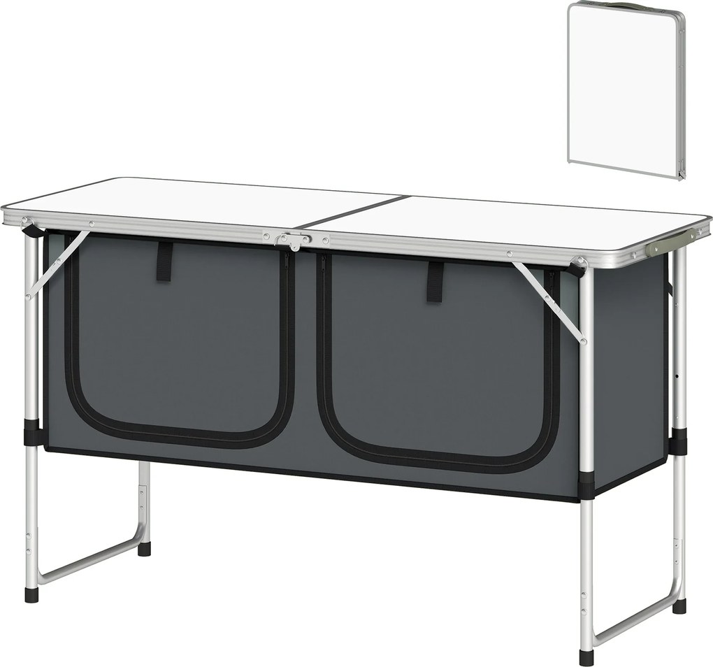 Outsunny összecsukható kemping konyhaasztal Oxford szövet szekrénnyel, alumínium váz — 120 x 47 x 70 cm, ezüst | Aosom