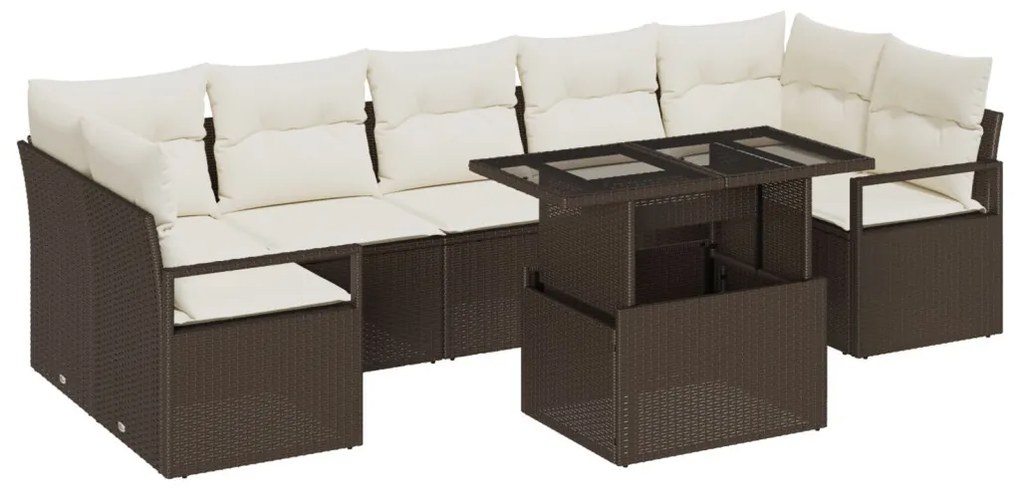 8 Darabos Kertbútor Szett Párnákkal Barna Poli Rattan, 2 Személyes Kertbútor Szett Párnákkal Barna Poli Rattan
