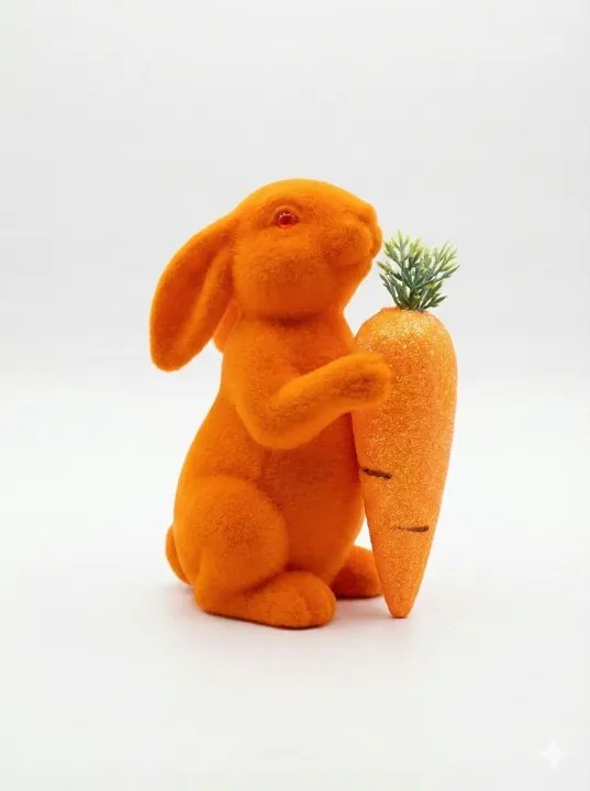 Húsvéti nyuszi figura sárgarépával Flokkolt dekoráció 15cm