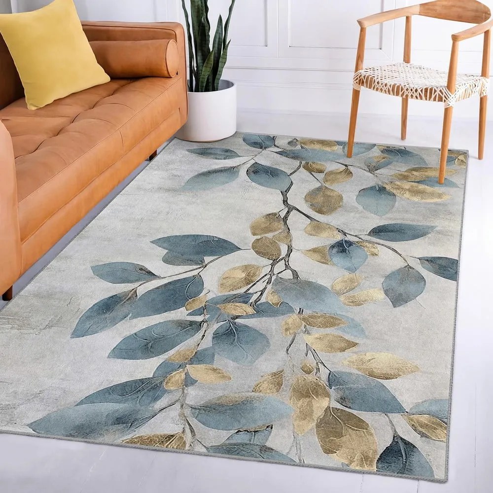 Világoskék-aranyszínű mosható szőnyeg 80x150 cm Golden Leaves – Mila Home