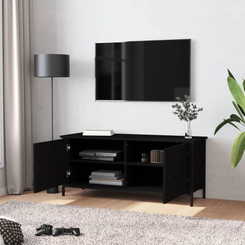 fekete szerelt fa TV-szekrény ajtókkal 102x35x45 cm
