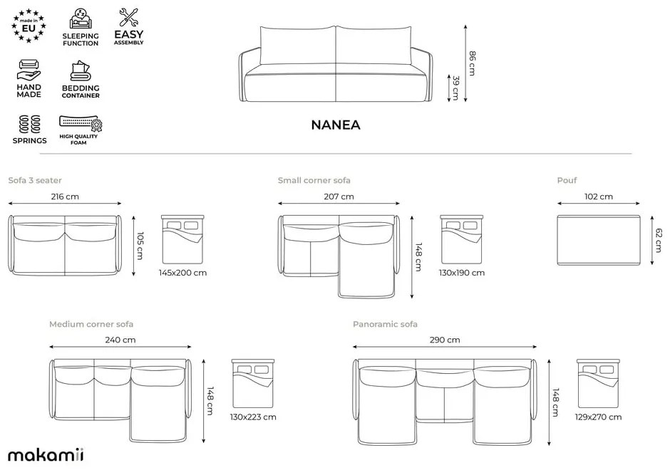 Kék kinyitható-tárolóhelyes kanapé 216 cm Nanea – Makamii