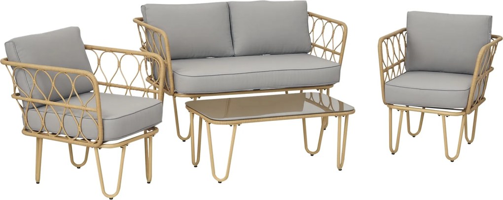 Outsunny Műrattan Kerti Bútor Szett 4 Részes Kültéri Bútor 2 Személyes Kanapéval, 2 Fotellel és Üveglapos Kávasztaljal Kivehető Párnákkal Természetes