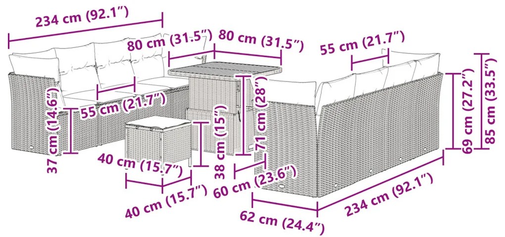11 db-os Kert Kanapé Szett Párnákkal Fekete Poli Rattan Akác, 3 db-os Kert Étkező Szett Párnákkal Fekete Poli Rattan Akác