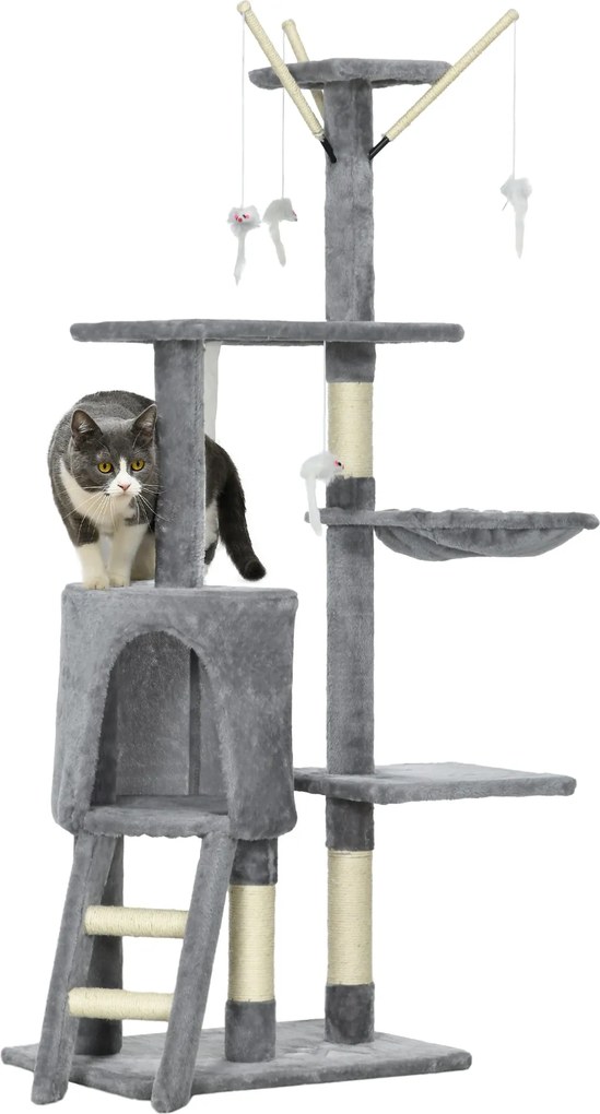 PawHut Kaparófa 134,2 cm Kiscica Torony Barlanggal, 2 Játék Sziszál Oszlopokkal, Nagy Platformmal, Lépcsőkkel, Több Szintes Kaparófa, Mászófa Közepes