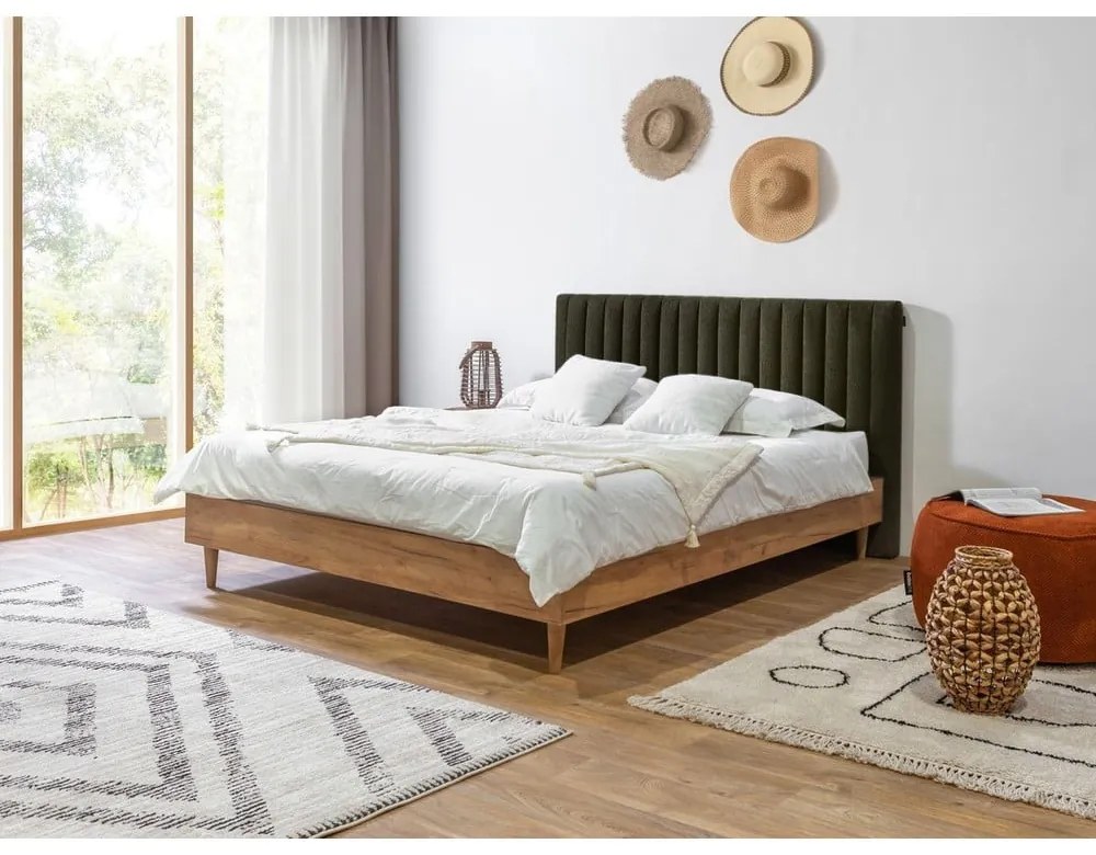 Sötétzöld-natúr színű franciaágy ágyráccsal 180x200 cm Oceane – Bobochic Paris