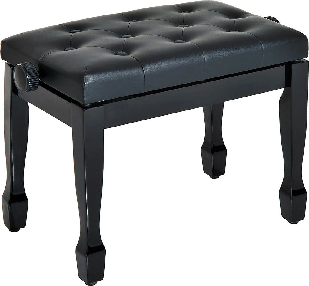 HOMCOM Zongoraszék, Zongorapad, Szétnyitható Magasságú Szék Zenei Eszközökhöz, Tömbfa és Műbőr Fekete 64 x 35 x 45-55 cm | Aosom