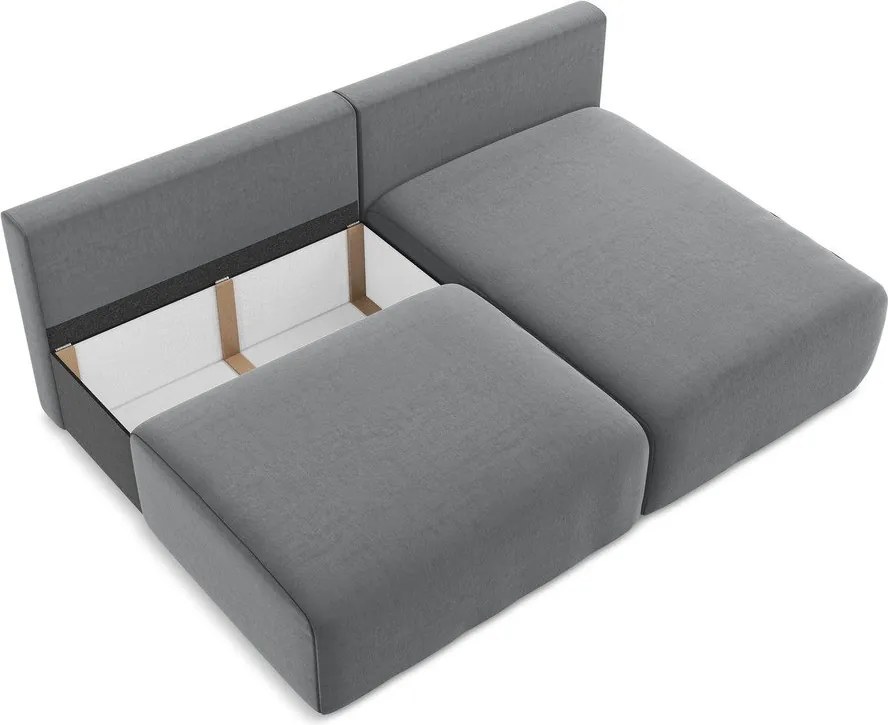 Szürke bársony kinyitható-tárolóhelyes sarokkanapé (jobb oldali-heverő résszel) Kalena – Makamii
