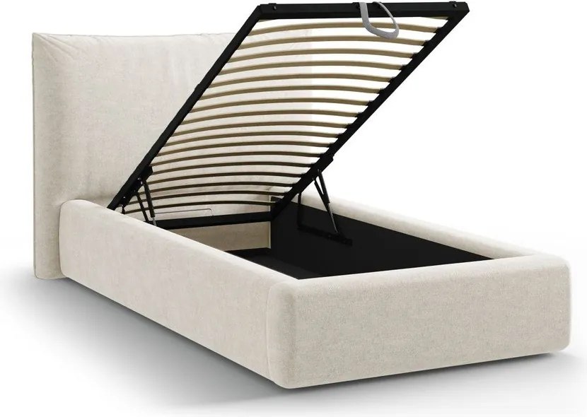 Krémszínű kárpitozott ágyneműtartós egyszemélyes ágy ágyráccsal 90x200 cm Kaelle – Micadoni