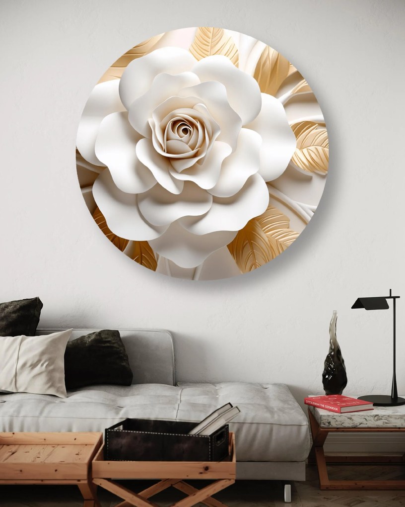 Gario Kerek vászonkép Fehér virág és arany levelek Méret: 80 x 80 cm