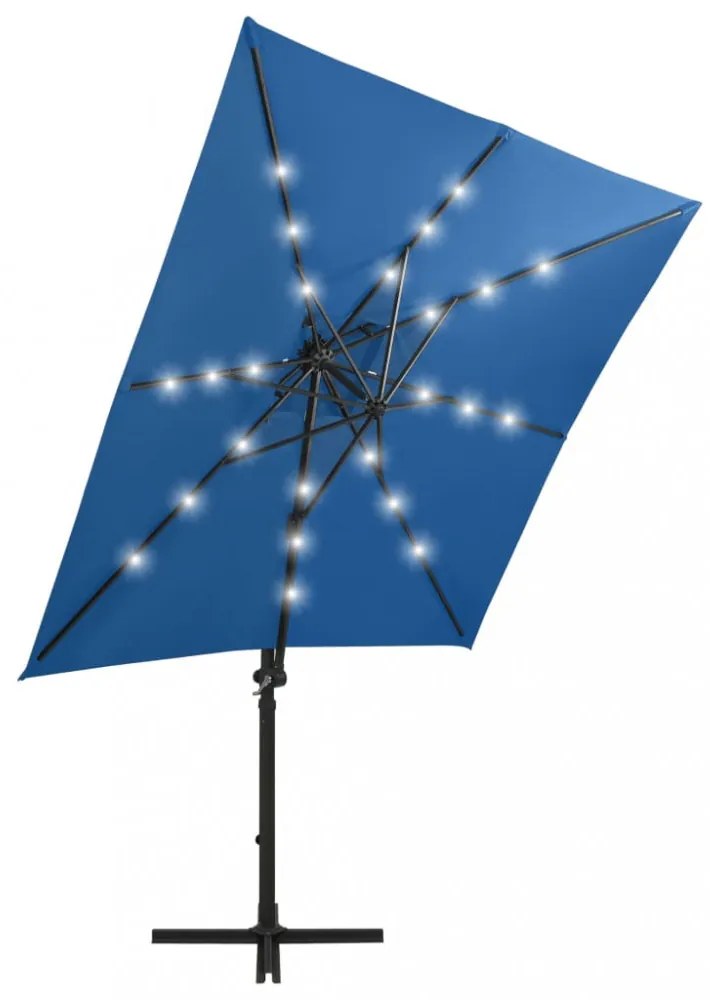 azúrkék konzolos napernyő rúddal és LED-fényekkel 250 cm