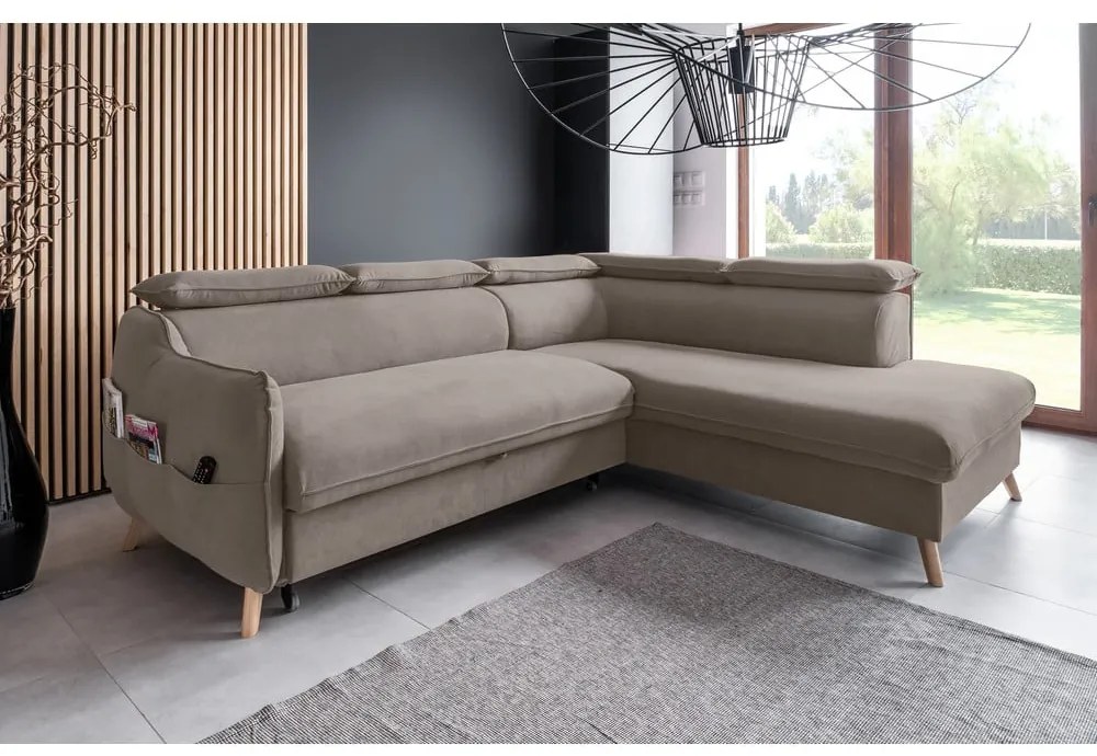 Világosbarna bársony kinyitható sarokkanapé (jobb oldali) Sweet Harmony – Miuform