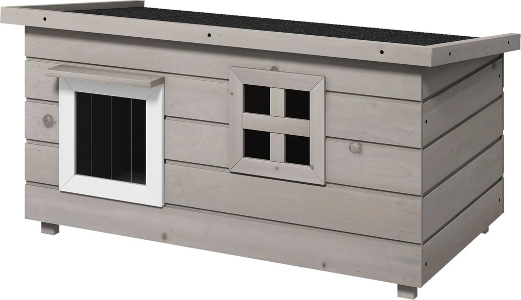 PawHut Macska Ház Aszfalt Tetővel, Ablakos Macska Bújóhely Kutyák Számára - Télálló Fenyő Szürke Fekete 87 x 52 x 44 cm | Aosom