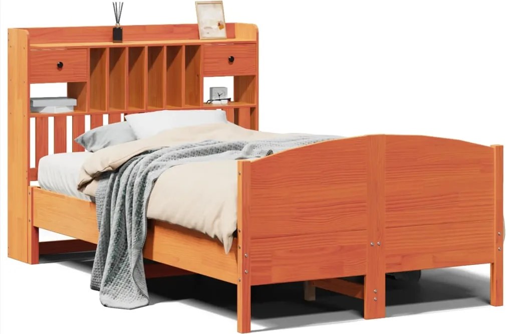 vidaXL barna tömör fenyőfa könyvespolcos ágy matrac nélkül 135 x 190cm