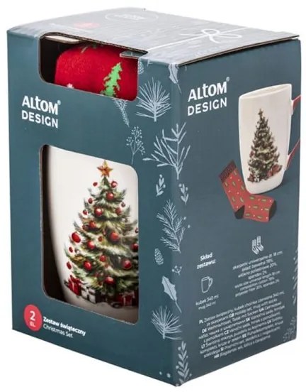 Fenyőfás karácsonyi porcelán bögre 340 ml + karácsonyi piros zokni ajándékcsomag