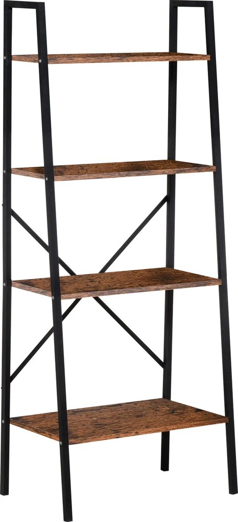 HOMCOM Létra Polc Ipari Könyvespolc 4 Polccal Nappaliba, Irodába, Tanuláshoz 60x35x145cm Rusztikus Barna | Aosom