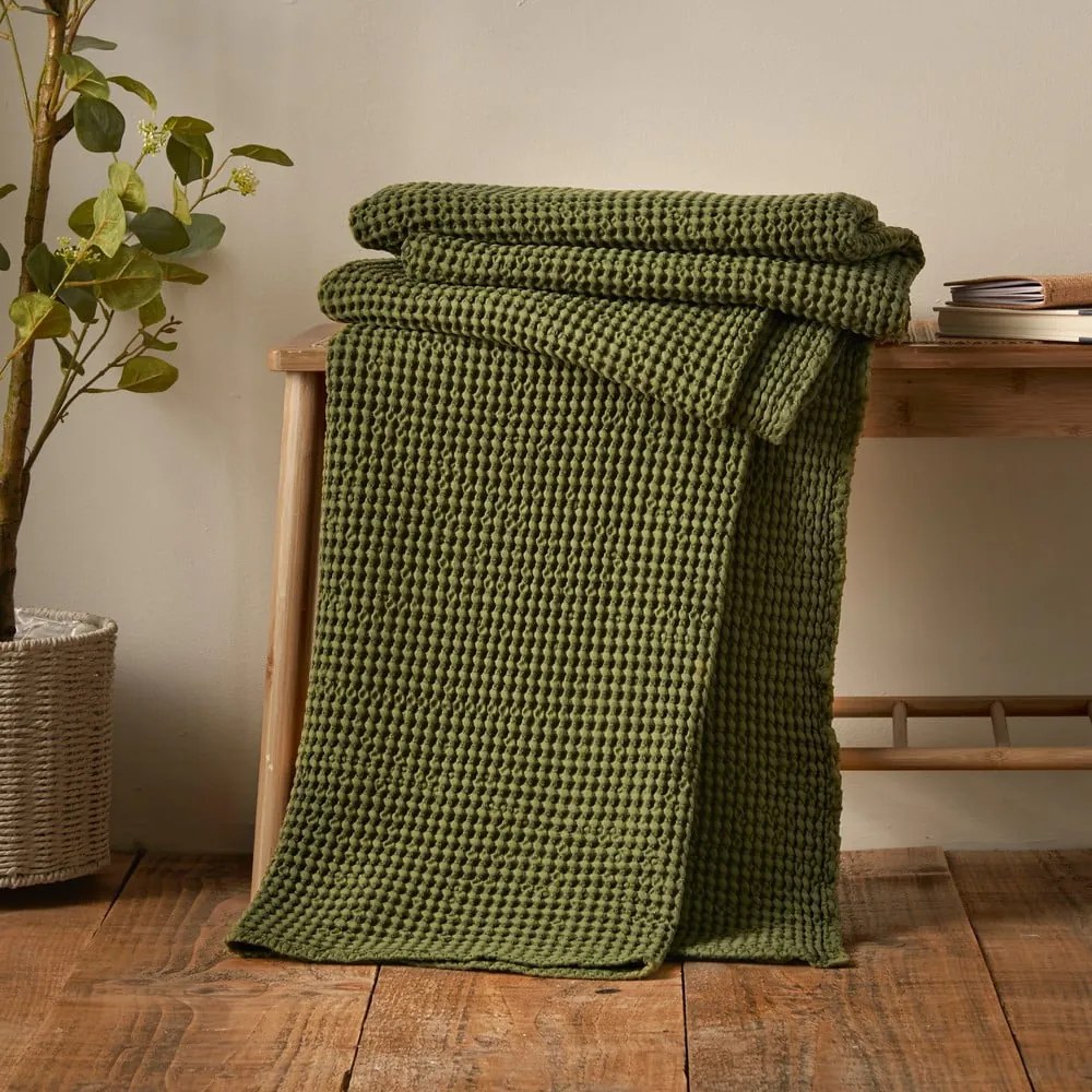 Zöld pamut takaró 150x200 cm Jaipur Chunky Waffle – Pineapple Elephant
