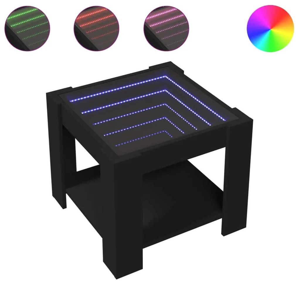 Fekete szerelt fa dohányzóasztal LED-del 53 x 53 x 45 cm