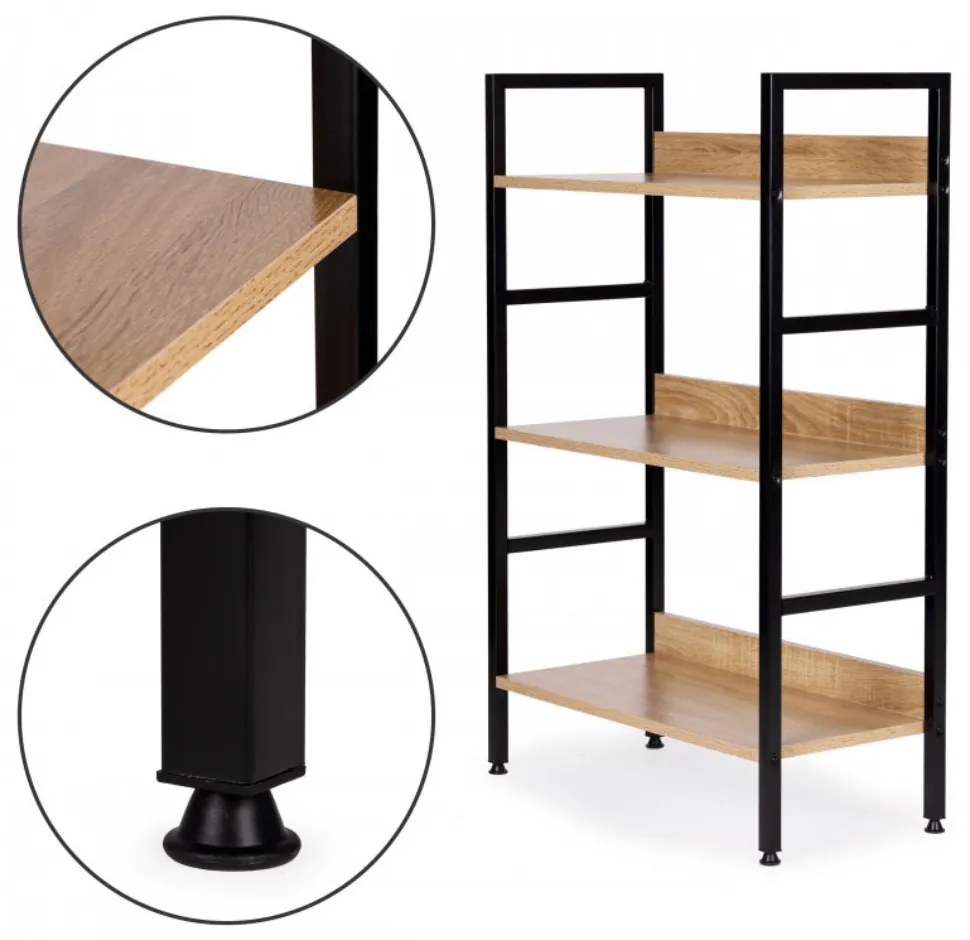 Intenso Home 3 szintes nyitott könyvespolc 60 x 93cm (Sonoma tölgy) | Univerzális tároló állvány fém lábakkal