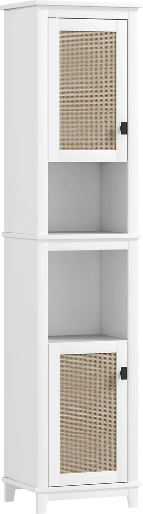 HOMCOM 2 Ajtós Fürdőszobai Oszlop Táska Boho Stílusú Fürdőszobai Szekrény Állítható Polcokkal és 2 Rekesszel 40x30x167,5 cm Fehér | Aosom