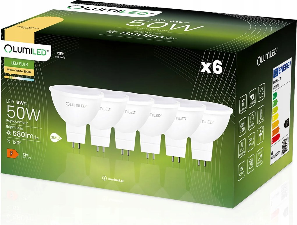 6x Led izzó MR16 6W 50W Lumiled 3000K 120° 12V