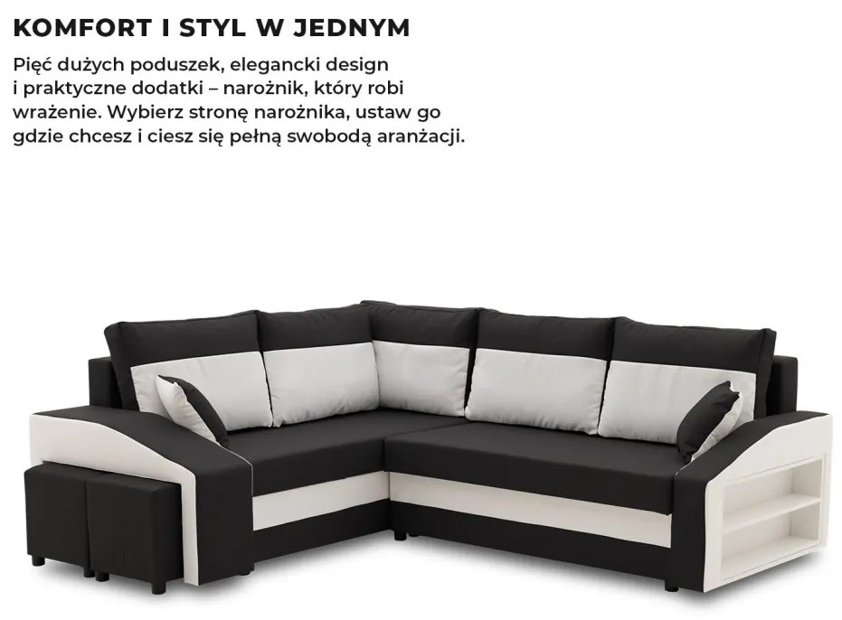 Grande sarokkanapé polcokkal és puffokkal , polc a jobb karfaban puffok a bal karfaban, baloldali, szövet anyag, hab töltet, fekete - fehér