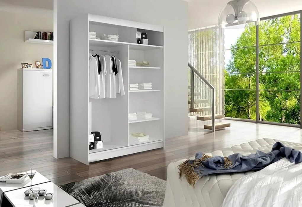 Tolóajtós Ruhás szekrény STAWEN IV, 150x200x58, fehér /magasfényű fekete