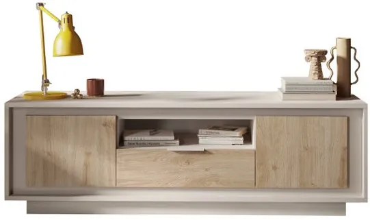 SKY 2.0 TV-szekrény 2 ajtóval és 1 fiókkal, kasmír színű laminált vázzal, Cadiz tölgy mintázatú előlapokkal