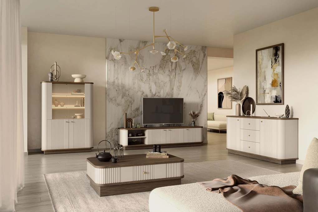 Vesper 3D TV-szekrény 187 cm talapzaton - kasmír / dió / arany fogantyúk