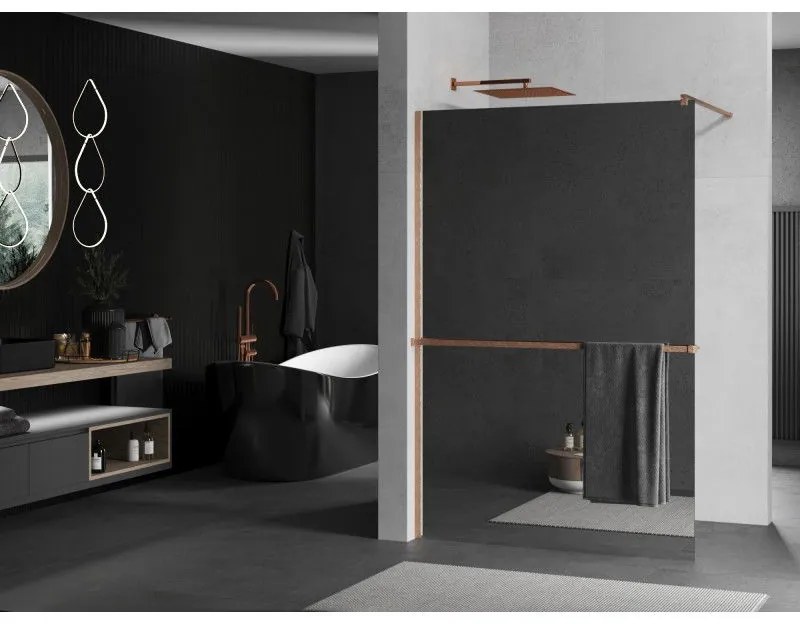 Mexen Kioto+, Walk-In zuhanyparaván polccal és akasztóval 70 x 200 cm, 8 mm tükörmintás üveg, réz matt profil, 800-070-121-65-50