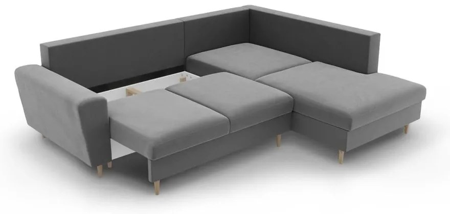 Világosszürke bársony kinyitható tárolóhelyes sarokkanapé (jobb oldali-L alakú) Kyoto – Cosmopolitan Design