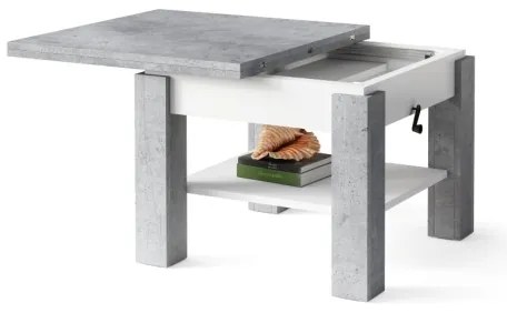 Átalakítható CALEB konferencia/étkezőasztal emelhető lappal, szürke beton/fehér