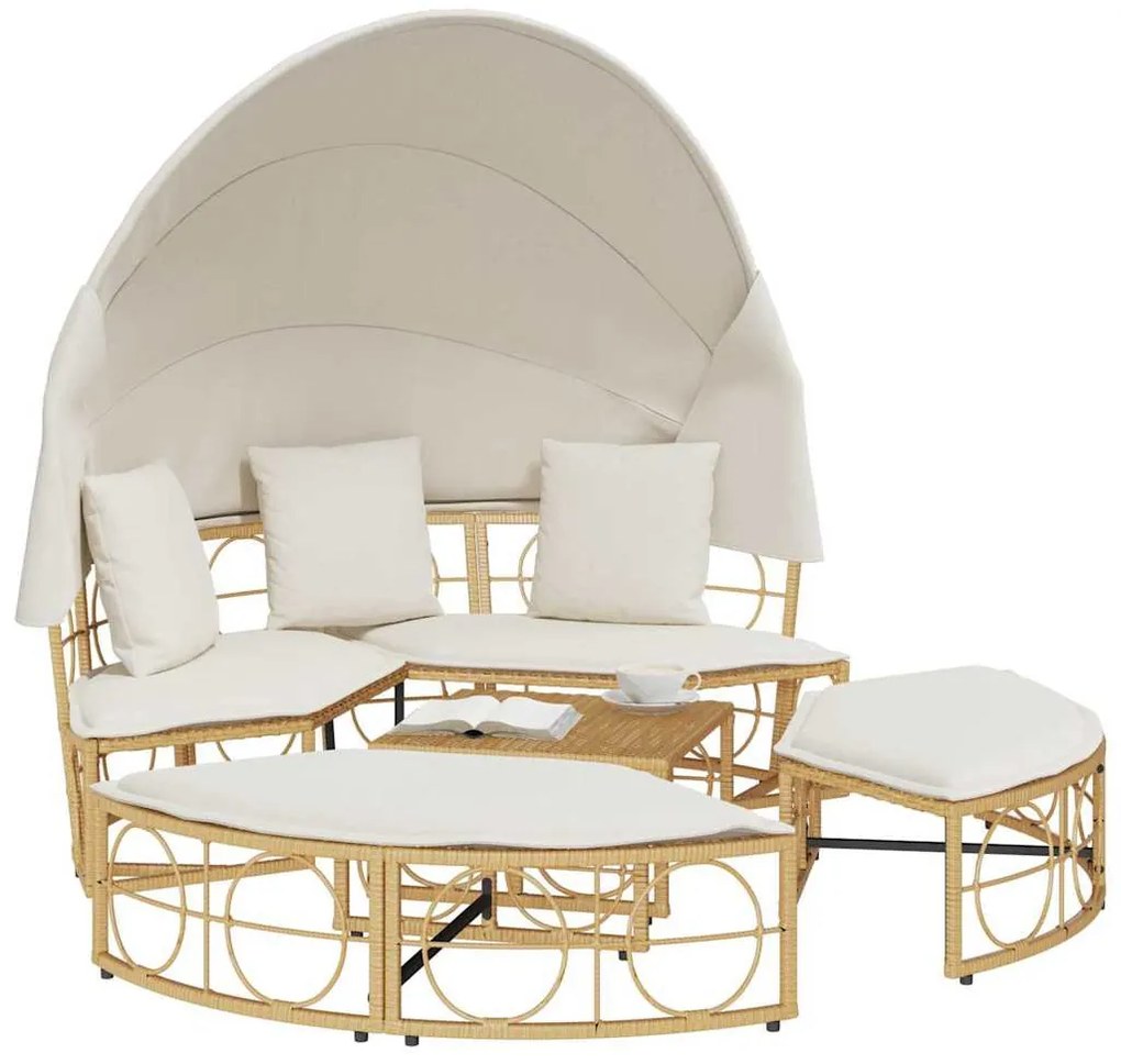 Polyrattan kültéri napozóágy napellenzővel és párnákkal