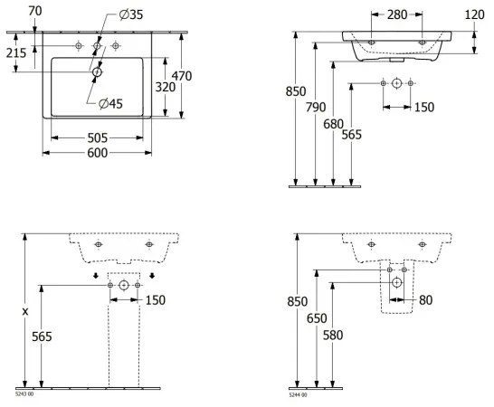 Villeroy & Boch 4A706001 - Falra szerelhető mosdó SUBWAY 3.0 60x47 cm kerámia/fehér