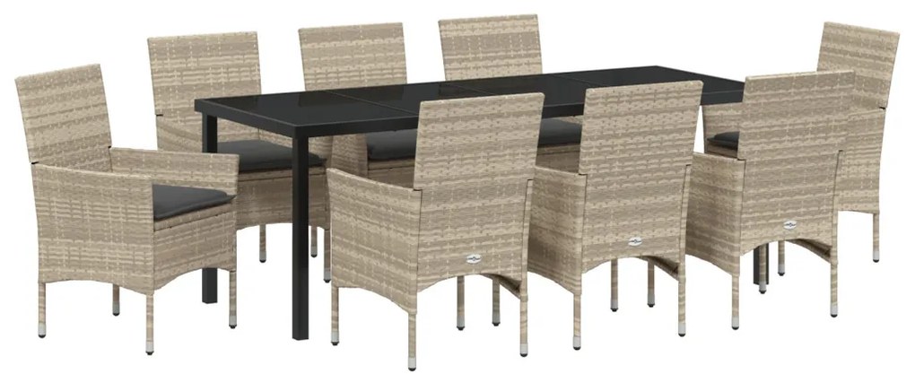 9 Részes Kerti Étkezőszett Párnákkal, Világosszürke Poli Rattan, Kerti Asztal, Fekete 200x80x73 cm, Edzett Üveggel